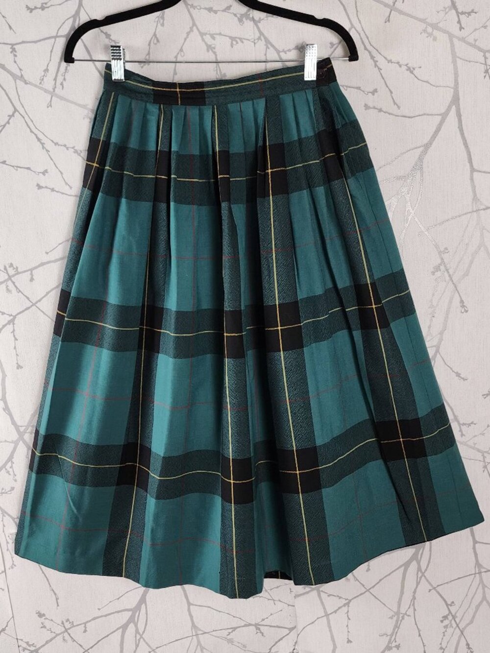 Alfred Sung VTG Green Plaid 100% Wool Pleated Midi Skirt
